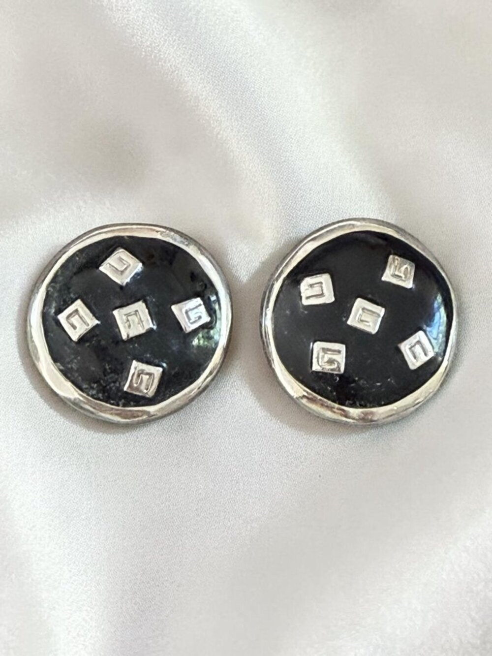 Vintage Givenchy G Logo Navy Enamel Silver Oval Clip Earrings Designer Nautical